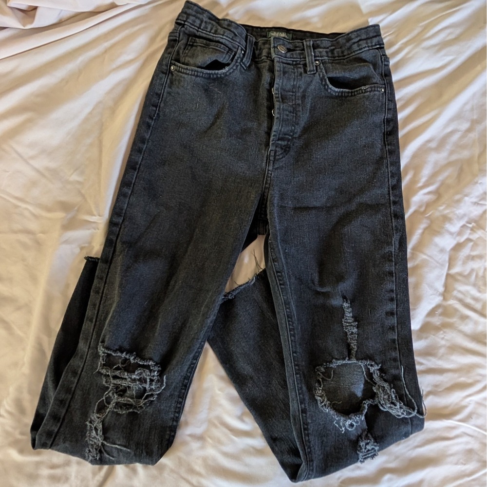 Wild Fable Super High Rise Slim Straight Distressed Jeans Black Button Fly 6